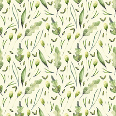 Watercolor hand drawn seamless pattern  leaves and herb. Boho style. Texture for wrapping paper, fabrics, decor, textile. 