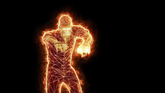 Zombie in the fire. Halloween. 3D animation. Hologram. Grid texture. Fire lighting.