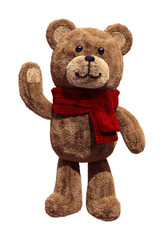 Cute teddy bear with a red scarf smiling. 3d illustration