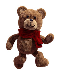 Cute teddy bear with a red scarf dancing. 3d illustration