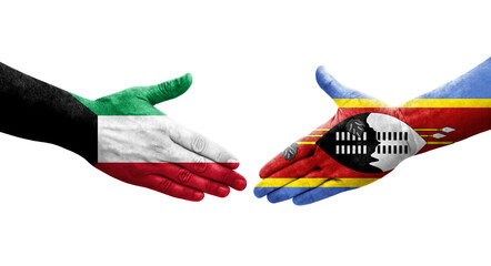 Handshake between Eswatini and Kuwait flags painted on hands, isolated transparent image.