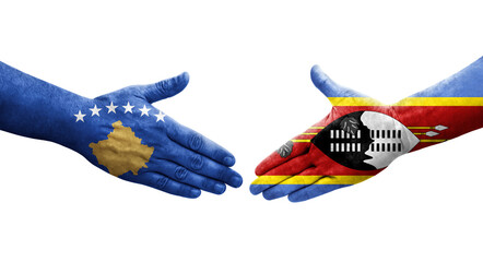 Handshake between Eswatini and Kosovo flags painted on hands, isolated transparent image.