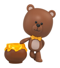 Cute teddy bear with a barrel of honey. 3d illustration