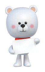 Cute white teddy bear with a white card banner. 3d illustration