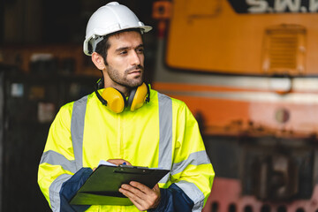 professional technician engineer with safety hard hat working to maintenance construction equipment...