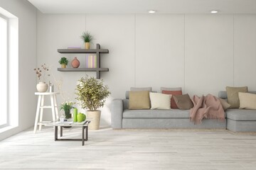 White living room with sofa. Scandinavian interior design. 3D illustration