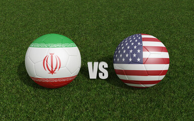 Footballs in flags colors on grass . Iran with USA. World Cup football championship 2022 .3d rendering