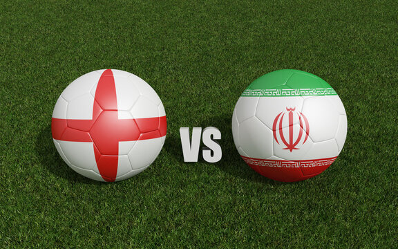 Footballs in flags colors on grass . England with  Iran. World Cup football championship 2022 .3d rendering