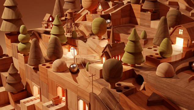 Wooden Marble Run Toy With Forest Theme And Warm Lighting. 3D Rendering