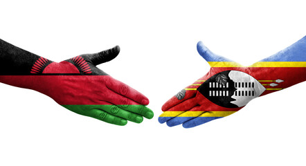 Handshake between Eswatini and Malawi flags painted on hands, isolated transparent image.