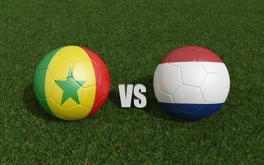 Footballs in flags colors on grass . Senegal with Netherlands. World Cup football championship 2022 .3d rendering