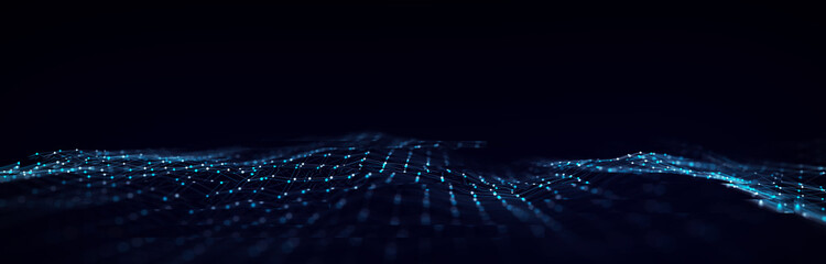 Obraz premium Futuristic digital wave. Dark cyberspace. Abstract wave with dots and line. White moving particles on background. 3d rendering.