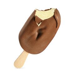 Bitten popsicle ice cream bar with chocolate coating isolated on white.