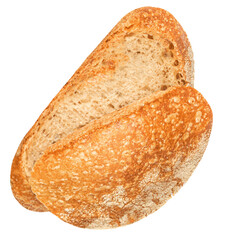 Pieces of Freshly baked Bread isolated on white background. Sliced, cutted wheat bread. Bakery, rustic traditional food concept. Top view. Flat lay.