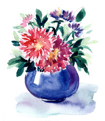 red purple asters dahlias chrysanthemums with a yellow center lush green leaves in a round blue vase. Light sketchy flowers still life. Hand painted watercolor post card illustration.