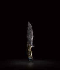 Medieval corroded steel dagger. Military and hunting knife. Fantasy game warrior weapon. 3d rendering
