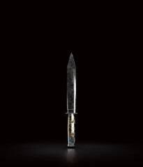 Corroded steel knife, combat weapon blade, military and hunting dagger. Medieval weapon, 3d rendering