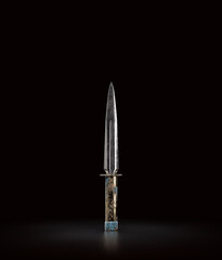 Corroded steel knife, combat weapon blade, military and hunting dagger. Medieval weapon, 3d rendering