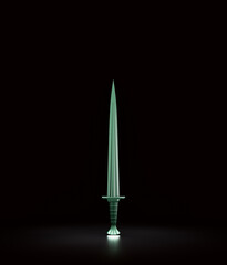 Green shiny knife, combat weapon blade, military and hunting dagger. Medieval weapon, 3d rendering