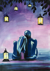 Man and woman couple  sitting at dusk pink sunset under tree glowing lanterns. Evening romantic silhouette. Hand painted watercolor illustration. Colorful sketchy drawing on paper background