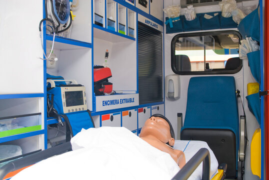 ambulance perfectly equipped with emergency equipment and dummy for first aid practices
