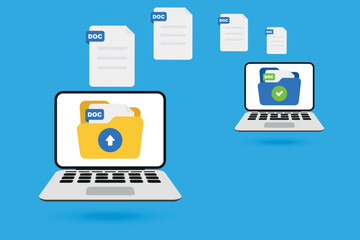 File transfer. Two laptops with folders on screen and transferred documents. Copy files, data exchange, backup, file sharing concepts. Upload document. Flat style. Vector illustration