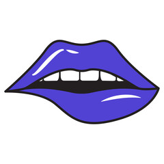Lips pop art 90's style.Retro aesthetic y2k.Women mouth.Glamorous lips with glitter. Isolated on white background.Line art vector illustration.