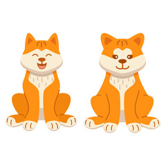 Set akita Inu smiling is a breed of dog sit.Cute pet animal.Dog face cartoon.Hand drawn vector flat.
