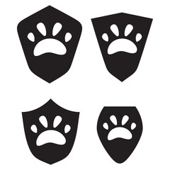 Set paw and shield.Pet protection.Animal paw icon.Vector flat illustration.Black silhouette. Isolated on white background.