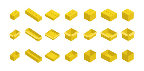 Cardboard box icon set. Open and closed, yellow icons. Delivery packaking symbol. Vector EPS 10