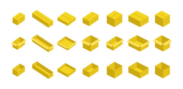 Cardboard box icon set. Open and closed, yellow icons. Delivery packaking symbol. Vector EPS 10