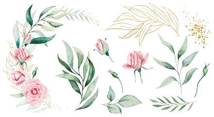 Bouquet made of pink watercolor flowers and green leaves, wedding and greeting illustration