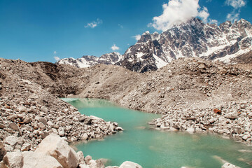 Amazing blue Gokio lake under ice and snow, Nepal, Himalayas