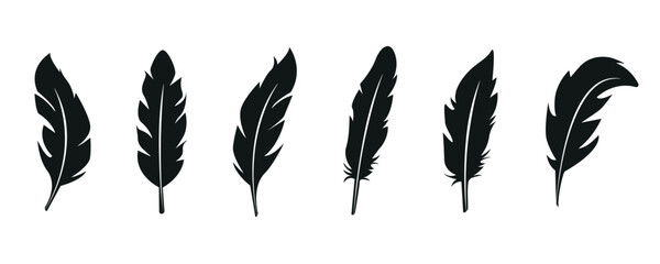 Set of bird feather black silhouettes. Plumelet collection. Vector of black feather, isolated on white background - obrazy, fototapety, plakaty