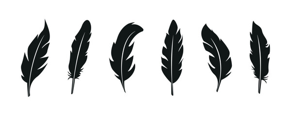 Set of bird feather black silhouettes. Plumelet collection. Vector of black feather, isolated on white background