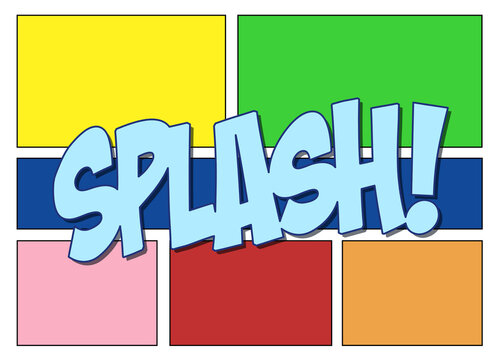 The isolated text Splash (onomatopoeia for something falling into water), over a  comic book panel made of many regular boxes, each filled with a different color.
