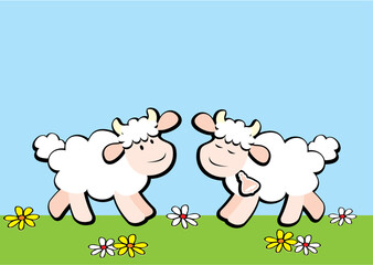 Obraz na płótnie Canvas sheep, lamb and ewes, vector illustration ona blue and green background, conceptual design