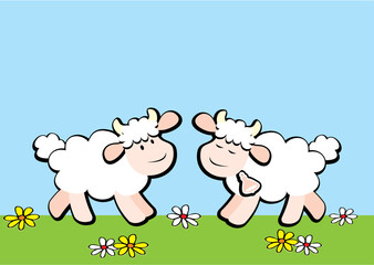 sheep, lamb and ewes, vector illustration ona blue and green background, conceptual design