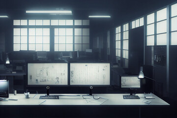 Ein Computerarbeitsplatz mit 2 Monitoren in einem leeren Büro
