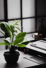 Eine Pflanze auf einem Schreibtisch. Im Hintergrund sieht man einen Becher und eine Tastatur.
