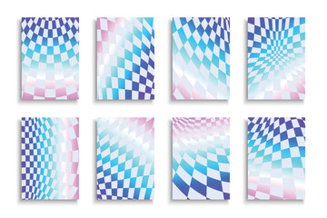 Collection of bright holographic geometric covers, templates, backgrounds, placards, brochures, banners, flyers and etc. Colorful gradient posters, cards with checker abstract print