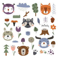Scandinavian animals set. Drawn by hand. Doodle cartoon animals with elements of the forest and the gifts of nature for children's posters, postcards, children's t-shirts. Vector illustration.