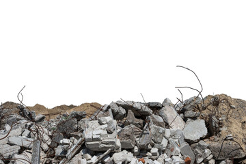 Gray concrete fragments of the remains of a building with protruding fittings in sunlight, isolated on a white background. The concept of destruction. Background.