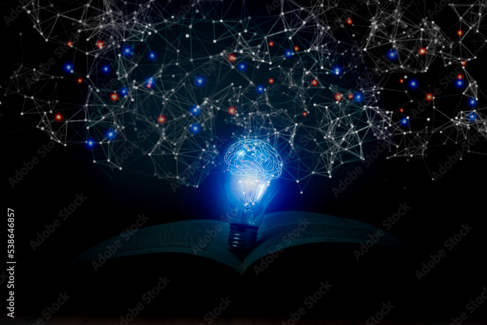 Poster light bulb on open book with virtual brain and connection line network education concept.creative th