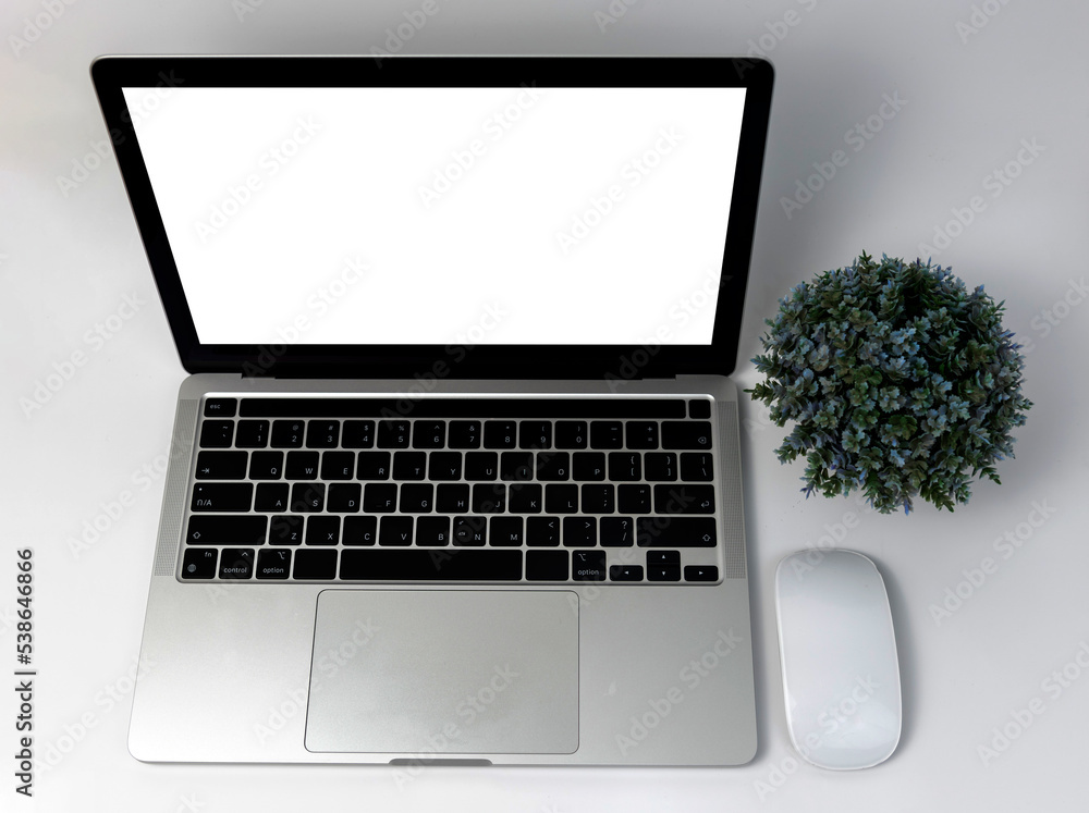 Poster laptop computer blank screen and mouse on white background.