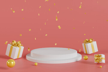 Podium for product with gift box. 3d illustration. New years background concept.