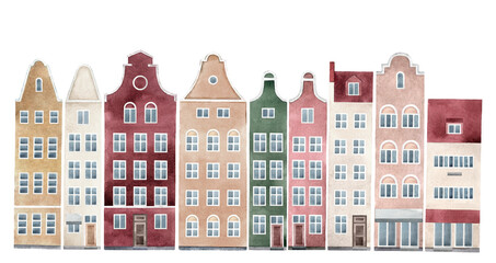 Watercolor hand drawn illustration of old town houses panorama. Isolated buildings on white background.