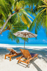 Beautiful tropical island, couple beds umbrella under palm tree leaves, paradise sea sand sky. Summer travel landscape amazing vacation beach. Idyllic exotic nature closeup of recreation relaxation.