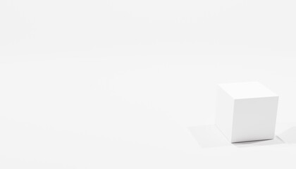 3D Render of a single white cube in front of a white background with a lot of space beside the cube