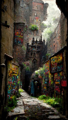 Fototapeta na wymiar AI generated image of a medieval alleyway with painted graffiti on the walls